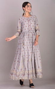 Rayon Ethnic Print Ankle Length Kurti Dress (Grey)