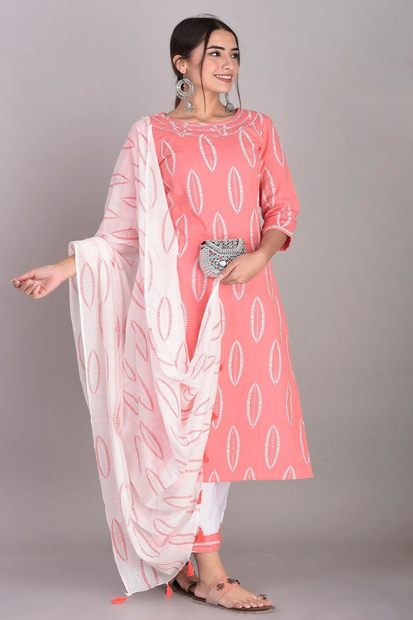 Cotton Abstract Print Kurti, Palazzo and Dupatta Set (Peach)
