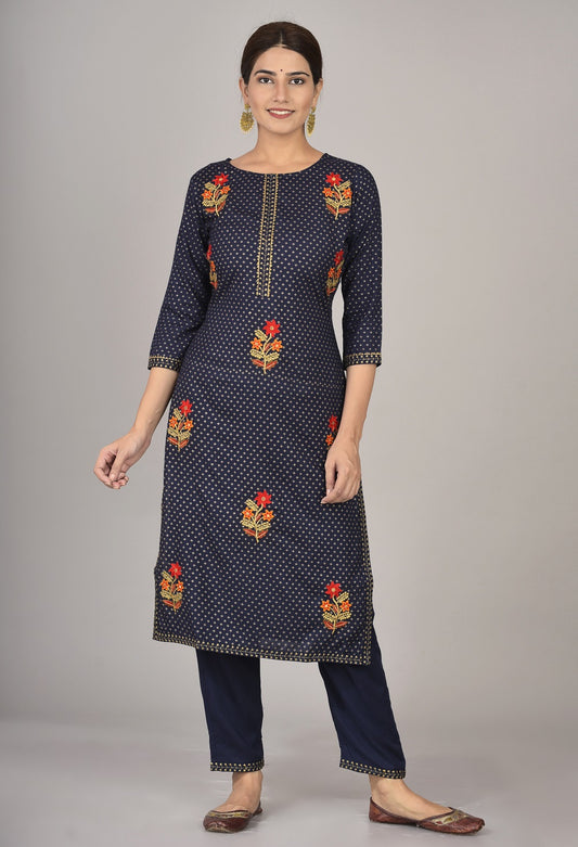 Rayon Thread Embroidered Straight Kurta and Pant Set (Navy)