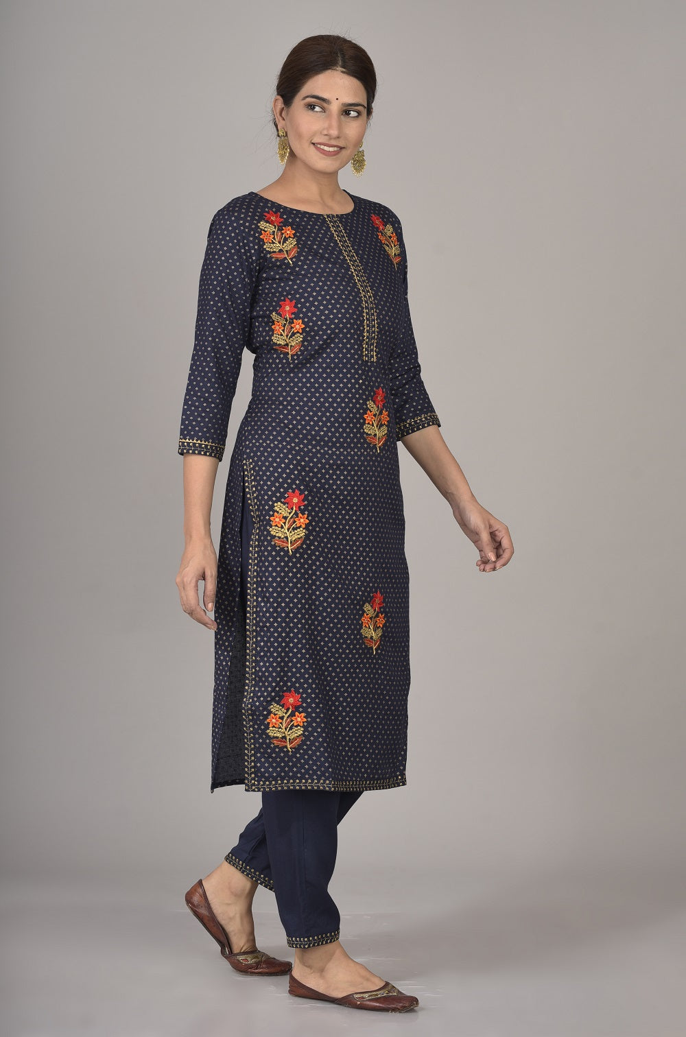 Rayon Thread Embroidered Straight Kurta and Pant Set (Navy)