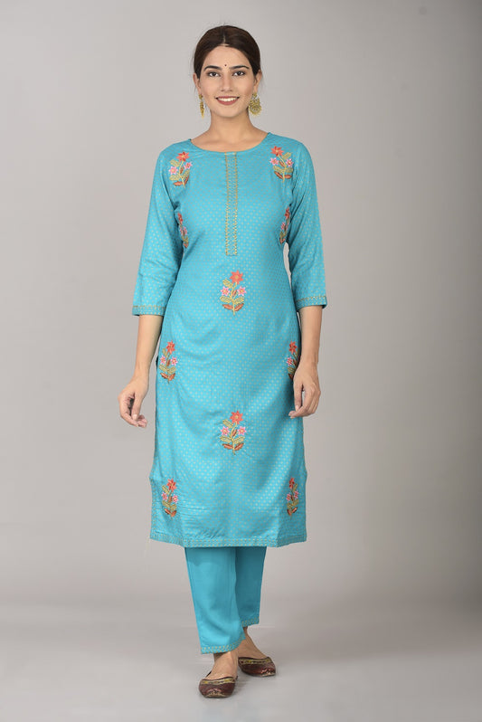 Rayon Thread Embroidered Straight Kurta and Pant Set (Turquoise)