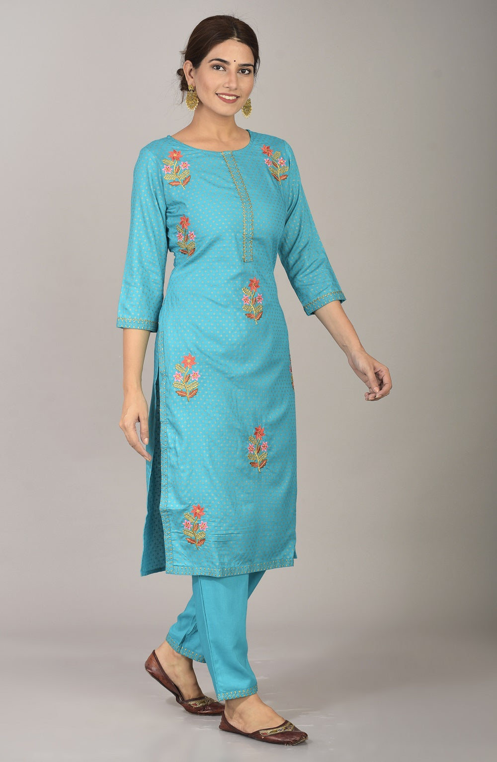 Rayon Thread Embroidered Straight Kurta and Pant Set (Turquoise)