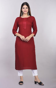 Rayon Straight Mirror Embroidered Kurti (Maroon)