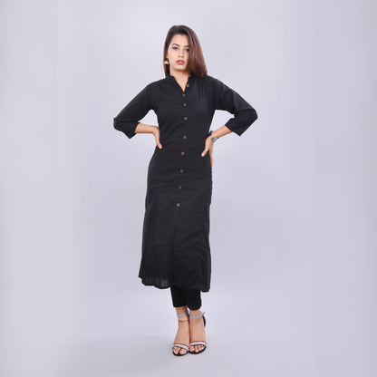 Women's Black Solid A-line Cotton Kurti (Black)