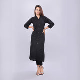 Women's Black Solid A-line Cotton Kurti (Black)
