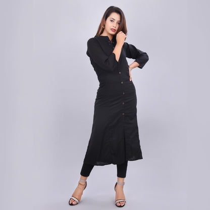 Women's Black Solid A-line Cotton Kurti (Black)