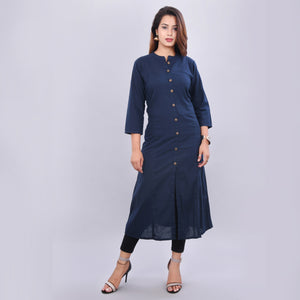 Vedana Women's Blue Solid A-line Cotton Kurti