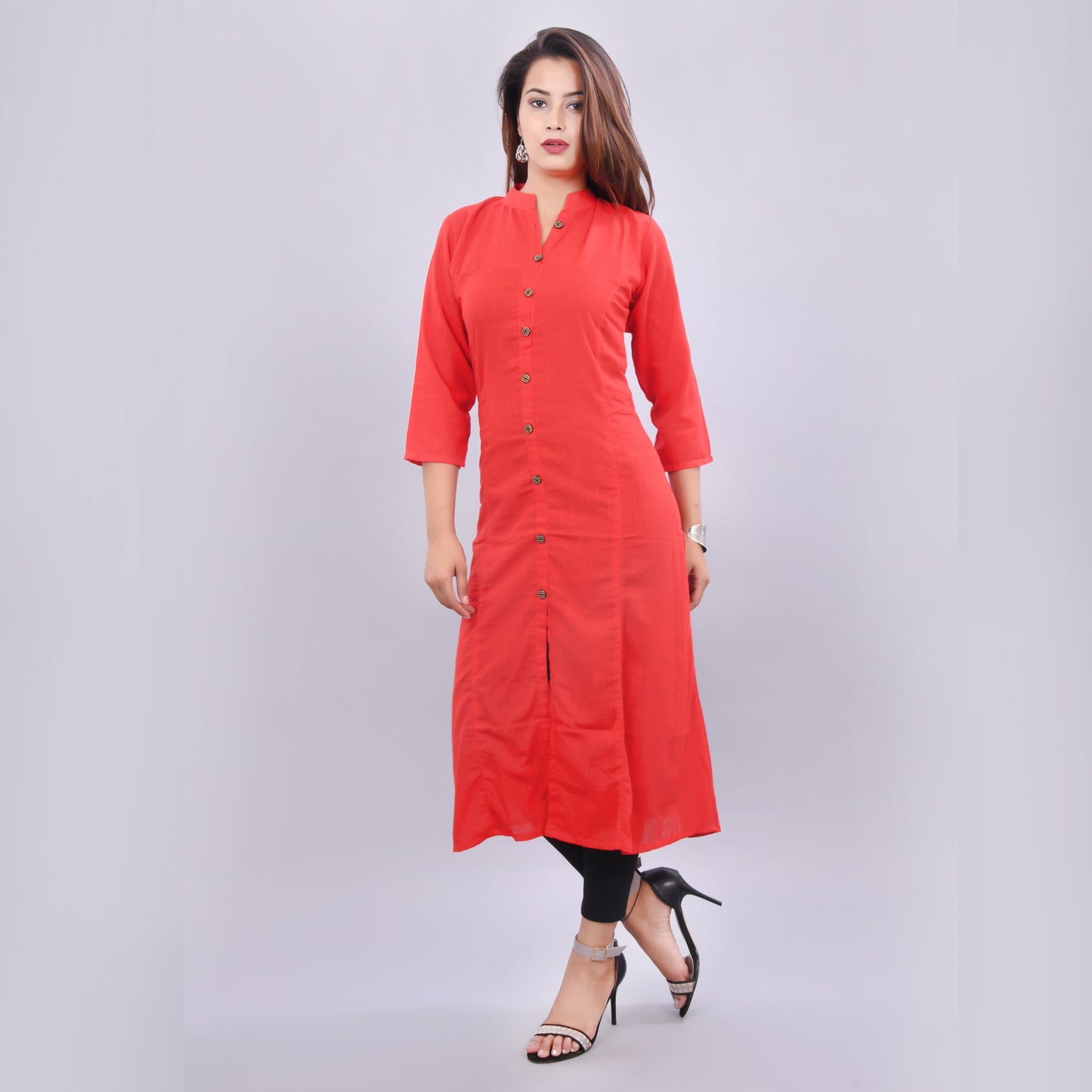 Vedana Women's Red Solid A-line Cotton Kurti