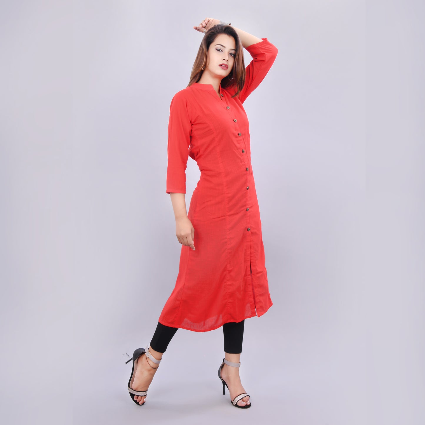 Vedana Women's Red Solid A-line Cotton Kurti