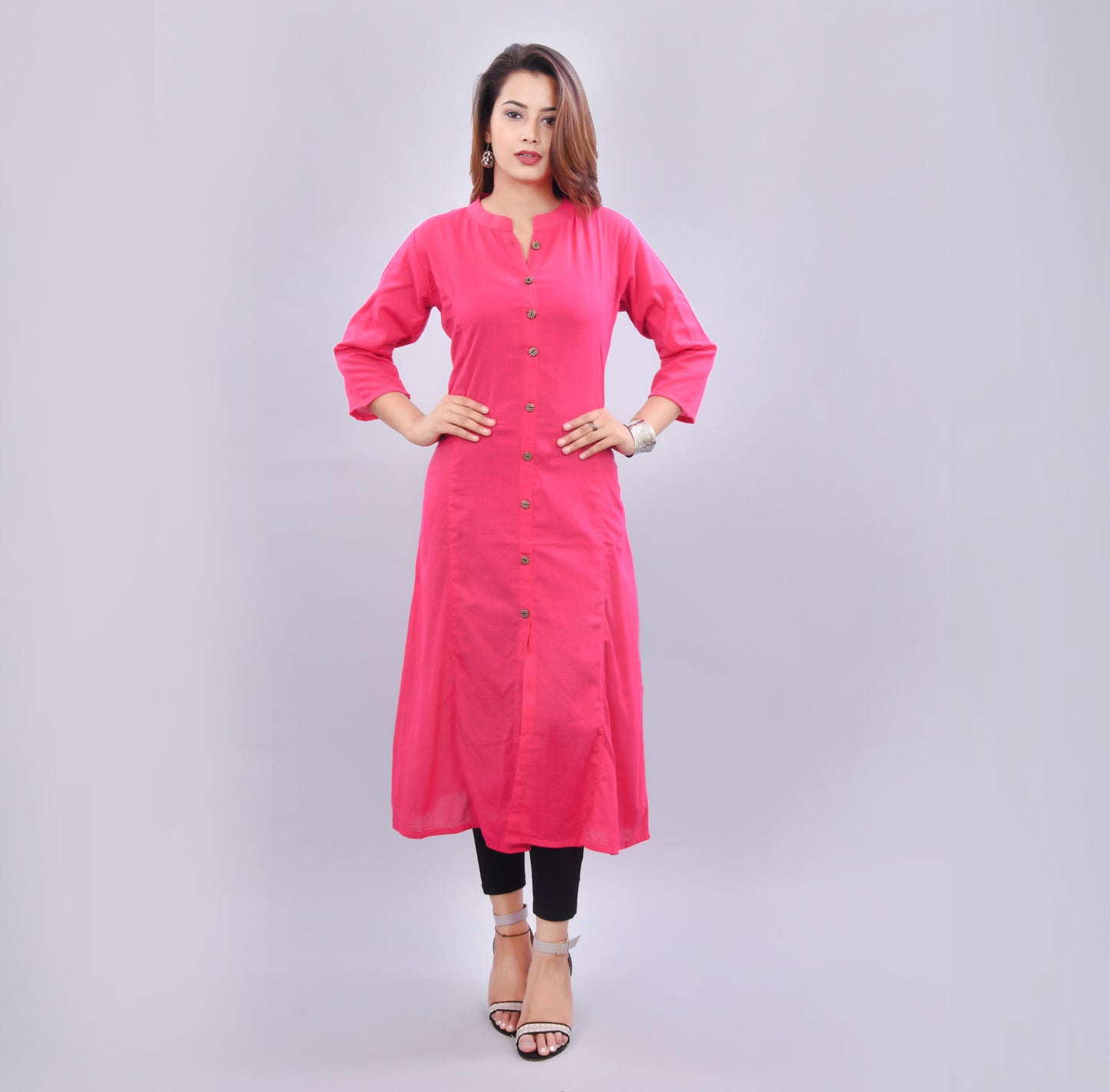 Vedana Women's Pink Solid A-line Cotton Kurti