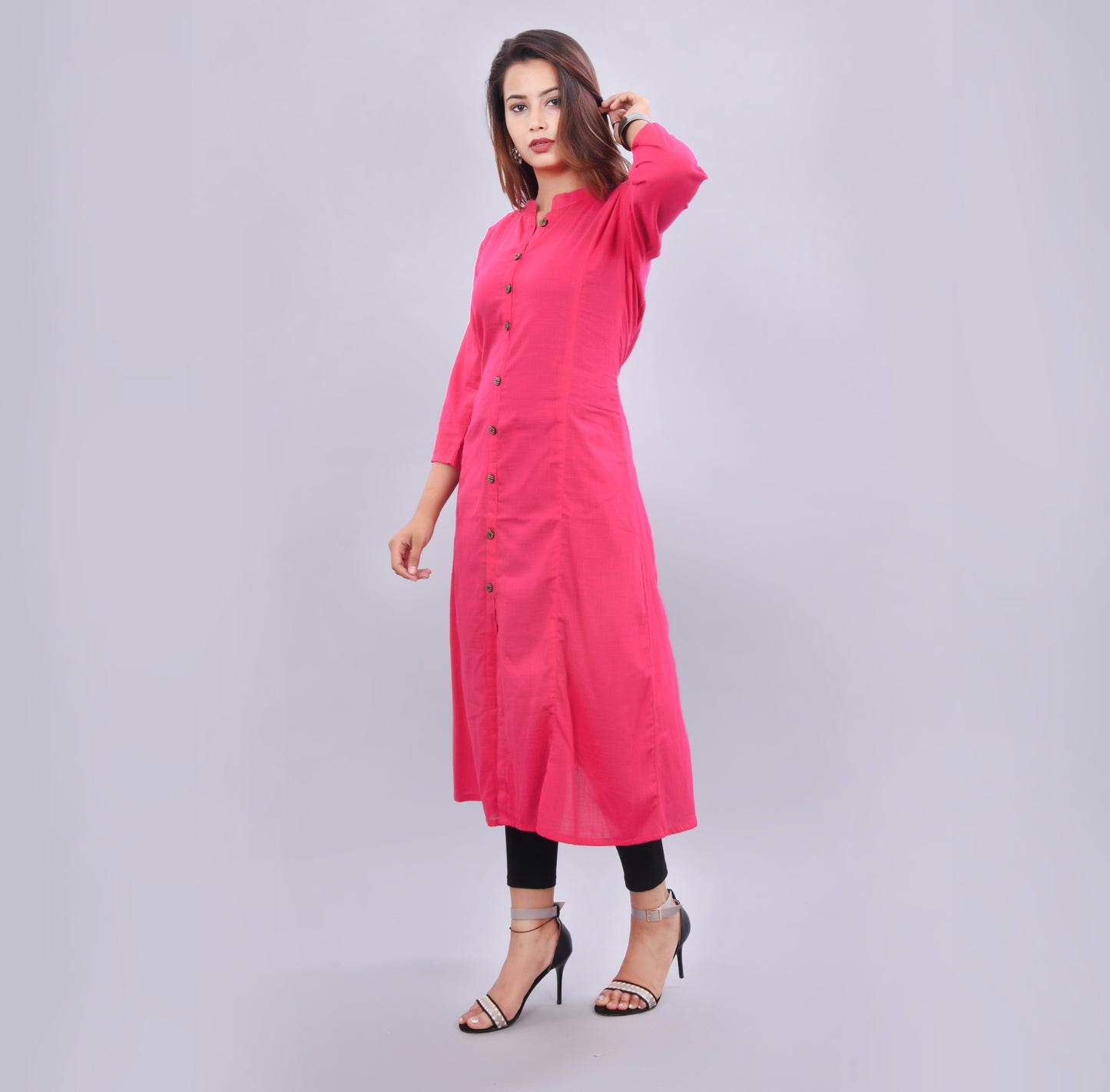 Vedana Women's Pink Solid A-line Cotton Kurti