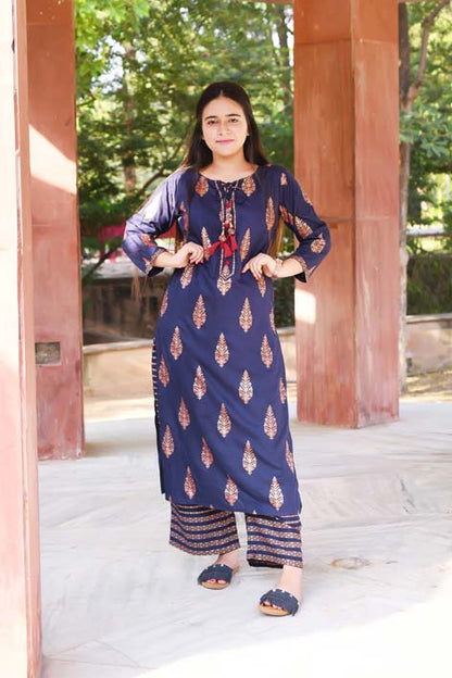 Vedana's Gold Print Kurta Set (Blue)
