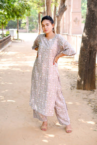 Rayon Printed Straight Kurta and Palazzo Set - Grey