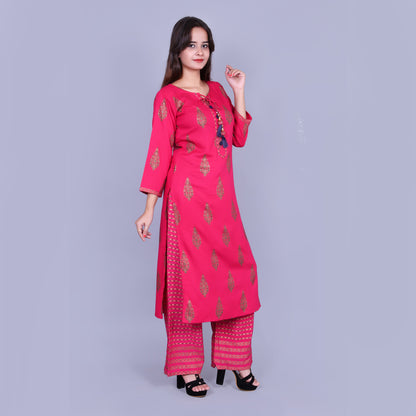 Vedana's Gold Print Kurta Set (Pink)