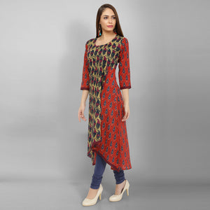 Cotton Print A-line High Low Hem Kurti with Kantha Work