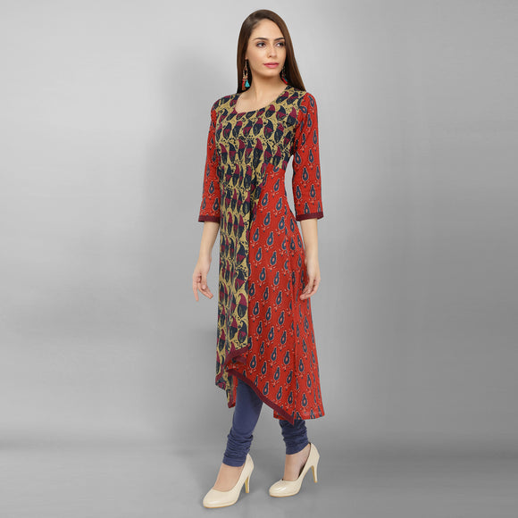 Cotton Print A-line High Low Hem Kurti with Kantha Work